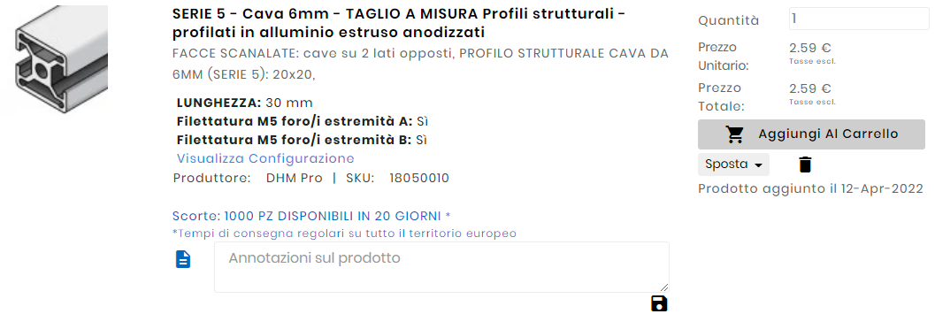 dati che posso veder per ogni prodotto presente all'interno del mio Progetto